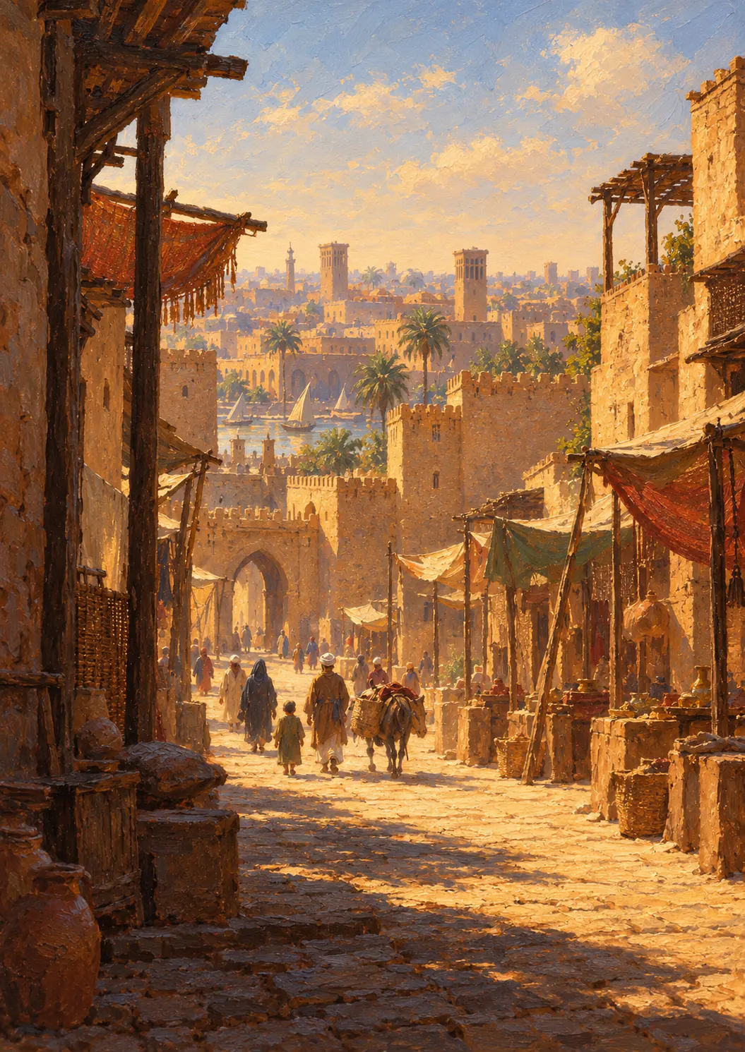 Illustrated reconstruction of a street in Abbasid-era Baghdad in warm late-afternoon light: people and a laden donkey walk between shaded earthen buildings and market awnings towards a gateway, with palms, towers and river boats in the distance.