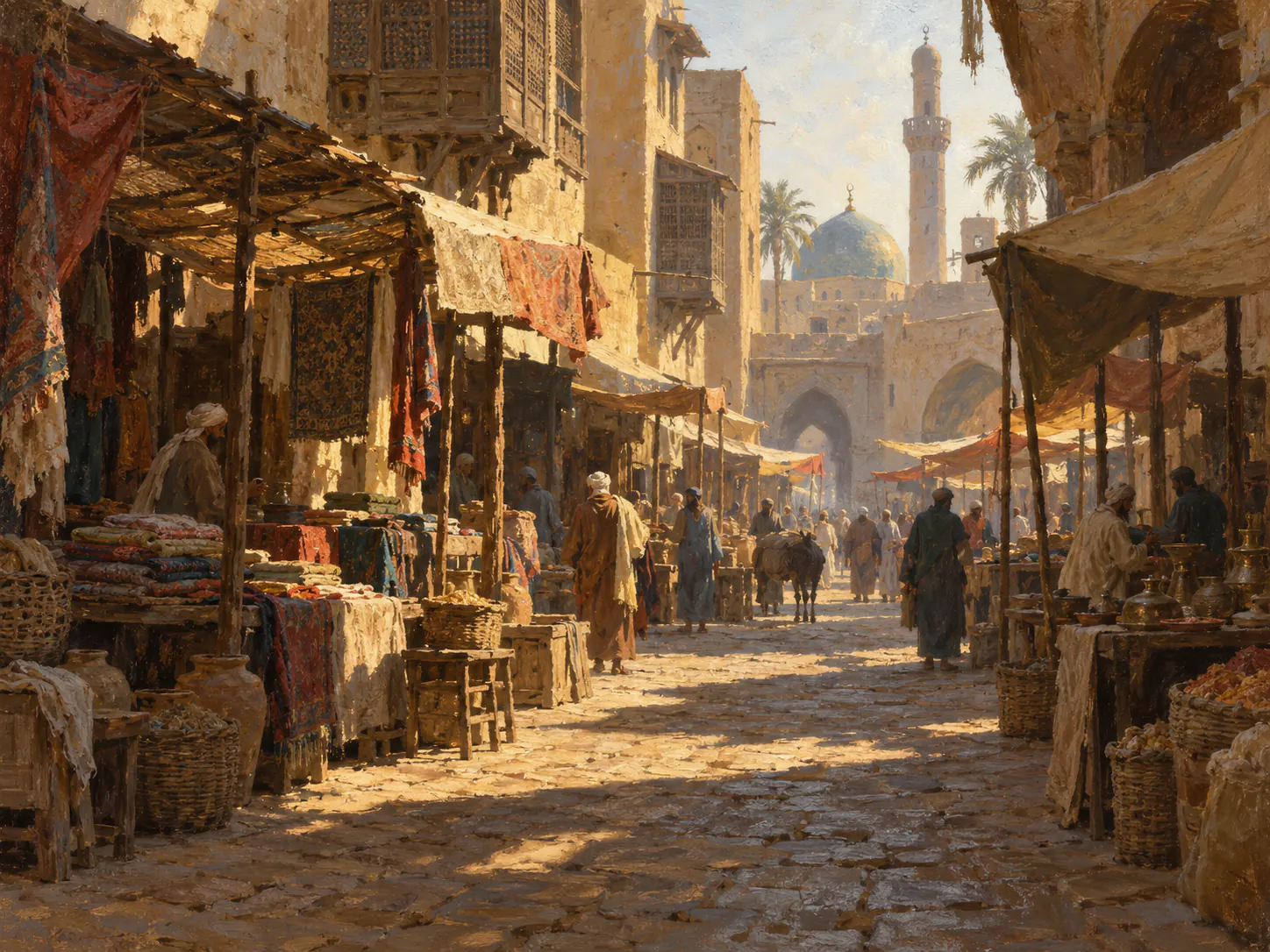 Painterly reconstruction of a sunlit market street: stalls hung with patterned textiles and piled with folded cloth, baskets and pots line a stone-paved lane where people and a laden donkey walk under awnings, towards a gateway with a domed building, a minaret-like tower and palms beyond.